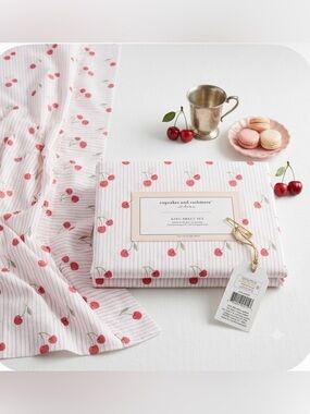 Cupcakes and Cashmere King Sheet Set Cherry Print Microfiber Pink White NWT